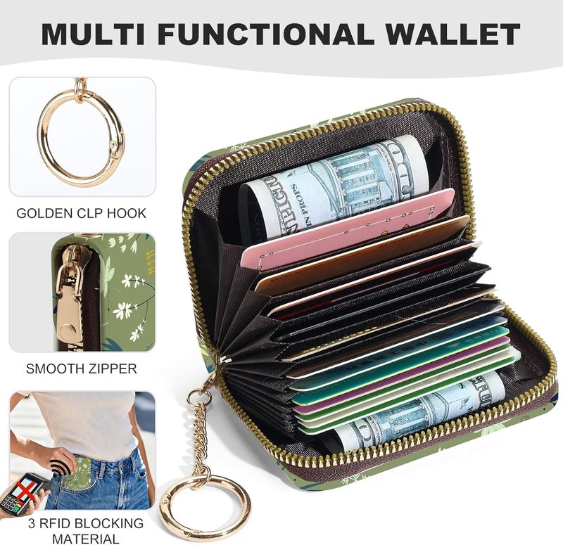 Luoycxy Credit Card Holder for Women,Small Rfid Wallet with Keychain Zipper,Cute PU Leather Card Case Wallet，Accordion Credit Card Wallets Gift,Green Grass White Flowers - Image 2